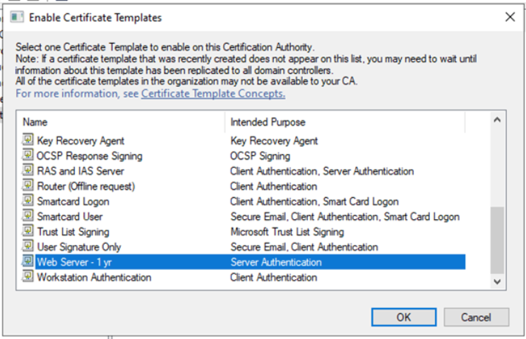 Certificate template selection screen with 'OK' button highlighted.